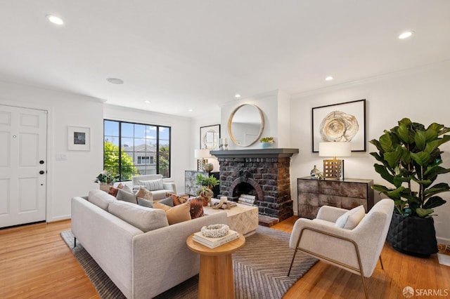 46 Otsego Ave, San Francisco, CA 94112 - living area with wood finished floors, a fireplace with raised hearth, recessed lighting, and ornamental molding
