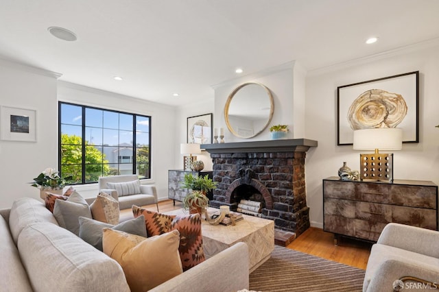 46 Otsego Ave, San Francisco, CA 94112 - living area with ornamental molding, wood finished floors, recessed lighting, and a fireplace with raised hearth