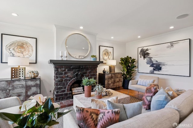 46 Otsego Ave, San Francisco, CA 94112 - living room with crown molding, recessed lighting, wood finished floors, and a brick fireplace