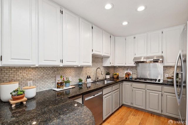 46 Otsego Ave, San Francisco, CA 94112 - kitchen with appliances with stainless steel finishes, under cabinet range hood, backsplash, white cabinets, and recessed lighting