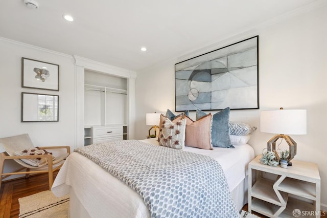 46 Otsego Ave, San Francisco, CA 94112 - bedroom featuring crown molding, a closet, wood finished floors, and recessed lighting
