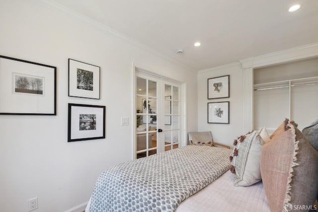46 Otsego Ave, San Francisco, CA 94112 - bedroom with french doors, crown molding, a closet, and recessed lighting