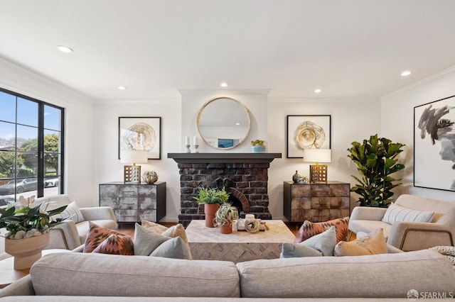 46 Otsego Ave, San Francisco, CA 94112 - living room with ornamental molding, recessed lighting, and a fireplace
