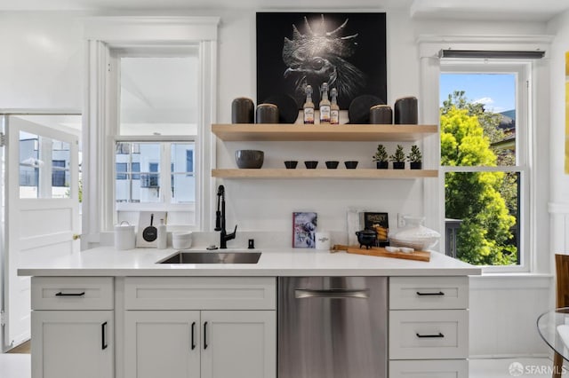 bar with stainless steel dishwasher, a sink, and plenty of natural light
