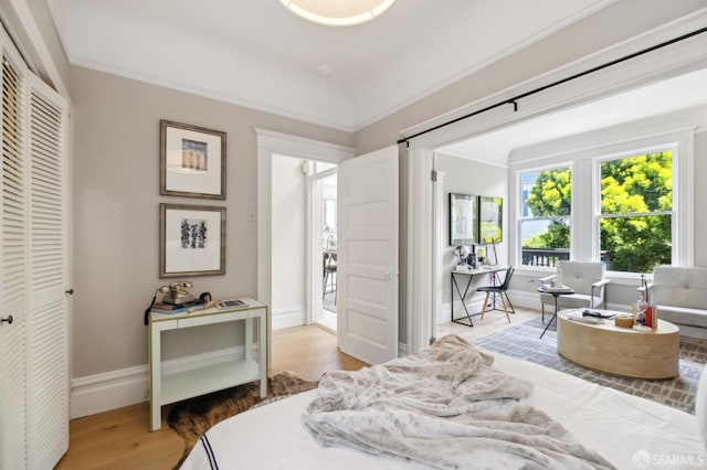 bedroom with wood finished floors, baseboards, and a closet