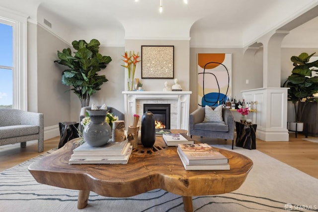 living room with wood finished floors and a glass covered fireplace