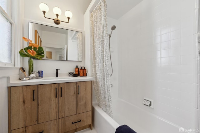full bath with shower / bath combination with curtain and vanity