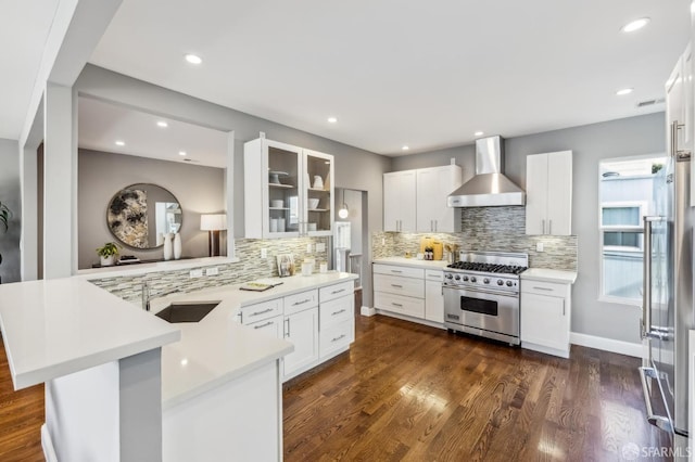 kitchen with wall chimney range hood, sink, white cabinetry, high end appliances, and kitchen peninsula