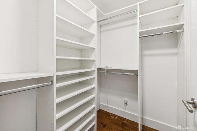 walk in closet with dark wood-type flooring