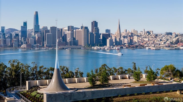 view of water feature with a view of city