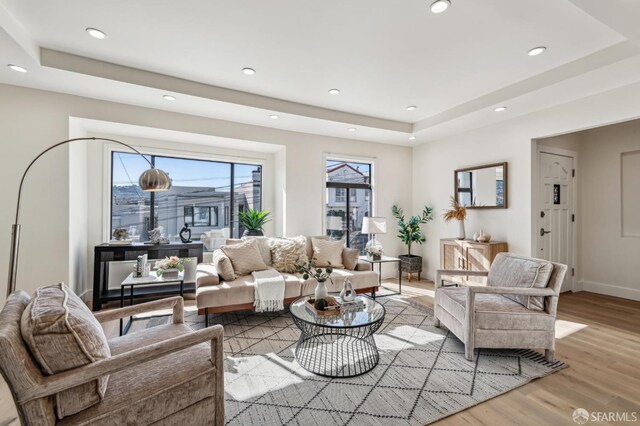 living room featuring a raised ceiling and light hardwood / wood-style floors