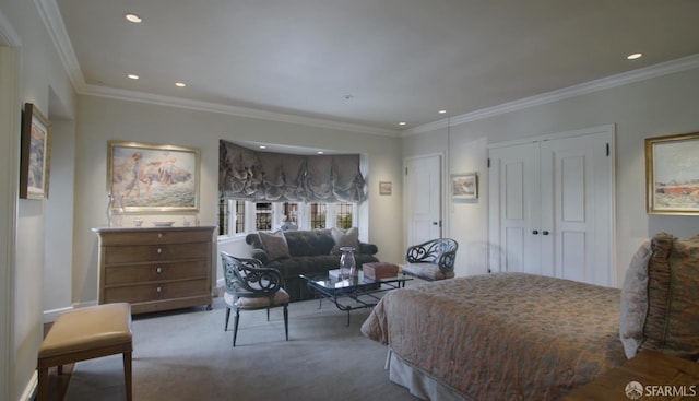 carpeted bedroom featuring ornamental molding