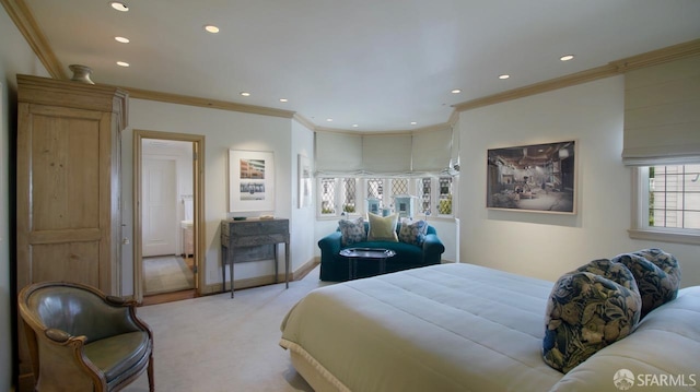 carpeted bedroom with crown molding