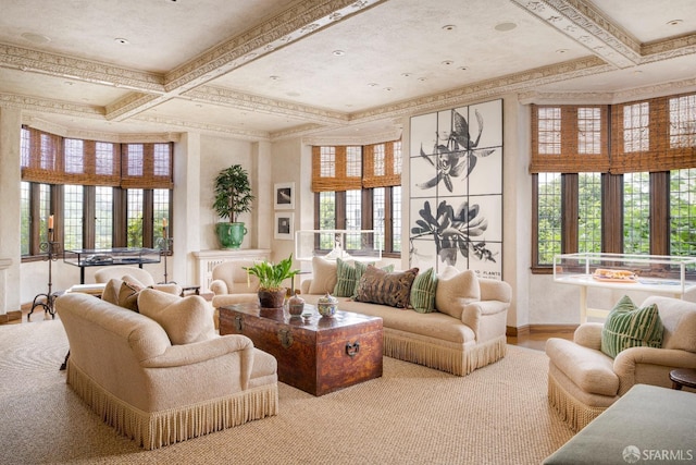 living room featuring beamed ceiling, coffered ceiling, and hardwood / wood-style flooring