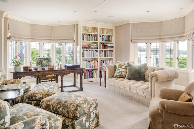 carpeted office with crown molding and french doors