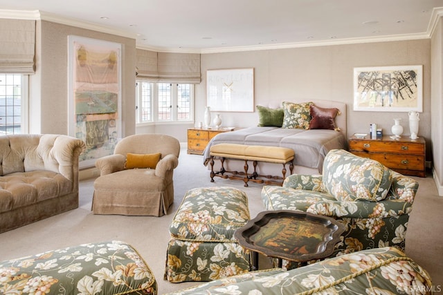 bedroom with carpet flooring and ornamental molding