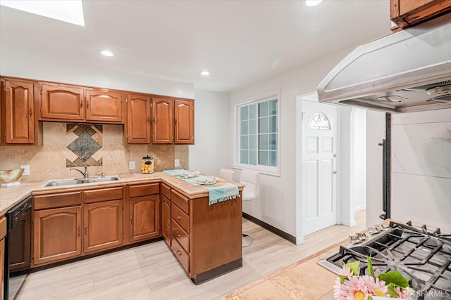 kitchen with dishwasher, ventilation hood, sink, light wood-type flooring, and kitchen peninsula