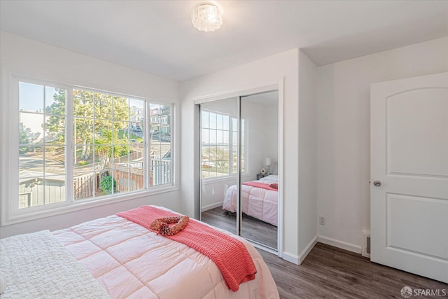 bedroom with a closet and dark wood-type flooring