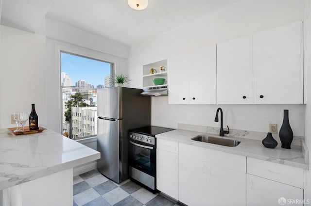 kitchen featuring ventilation hood, appliances with stainless steel finishes, sink, and white cabinetry