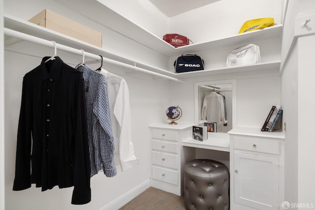 walk in closet with light carpet