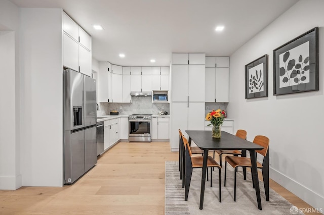 31 Romolo Pl Unit 1, San Francisco, CA 94133 - kitchen with stainless steel appliances, backsplash, light wood-type flooring, recessed lighting, and light countertops