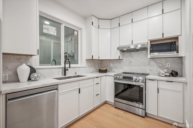 31 Romolo Pl Unit 1, San Francisco, CA 94133 - kitchen featuring stainless steel appliances, a sink, under cabinet range hood, white cabinets, and backsplash