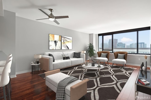 living room with ceiling fan and dark hardwood / wood-style flooring