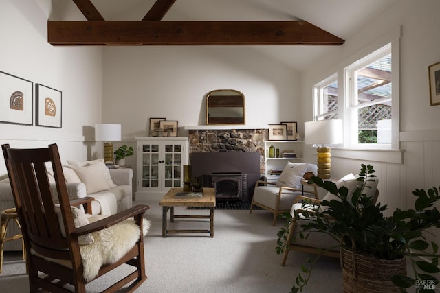 2770 Bohemian Hwy, Occidental, CA 95465 - living room featuring carpet flooring, a wainscoted wall, and a decorative wall