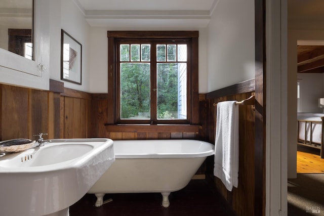 2770 Bohemian Hwy, Occidental, CA 95465 - bathroom with wainscoting, a soaking tub, and wooden walls