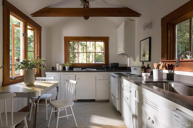 2770 Bohemian Hwy, Occidental, CA 95465 - kitchen with white range with electric stovetop, dark countertops, white cabinetry, and dishwasher