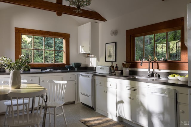 2770 Bohemian Hwy, Occidental, CA 95465 - kitchen with dishwashing machine, white range with electric stovetop, dark countertops, white cabinets, and healthy amount of natural light