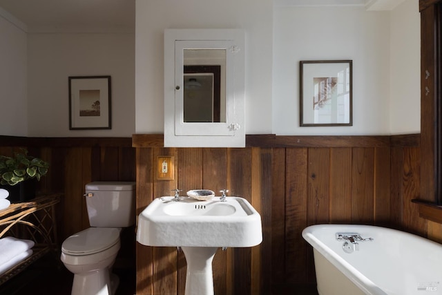 2770 Bohemian Hwy, Occidental, CA 95465 - full bathroom featuring a soaking tub, a wainscoted wall, and wood walls