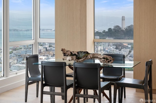 dining room with wood-type flooring and a water view