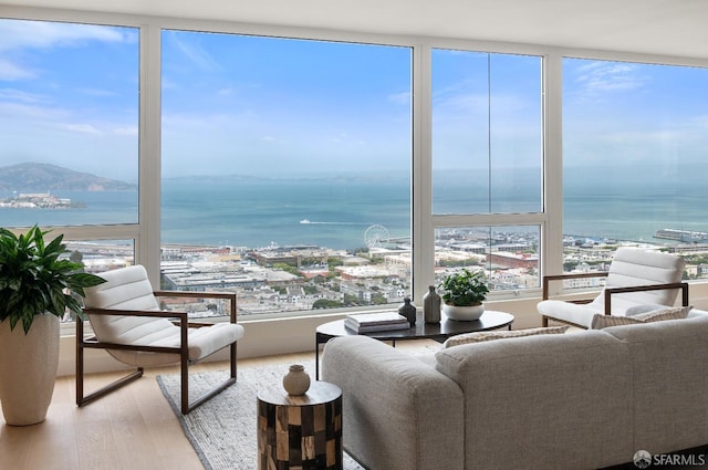 living room with light wood-type flooring and a water view