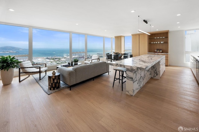 living room featuring floor to ceiling windows, a water view, and light hardwood / wood-style floors