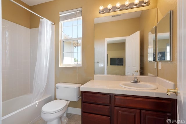 full bathroom with vanity, toilet, and shower / bathtub combination with curtain