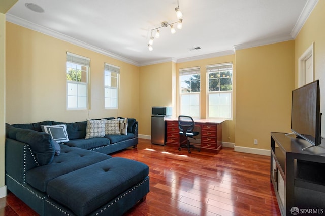 home office with crown molding and dark hardwood / wood-style floors