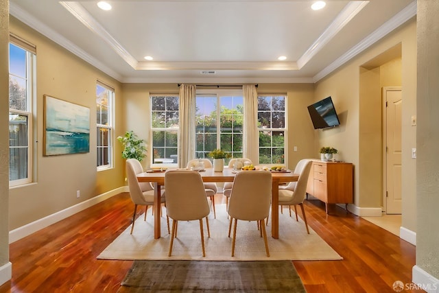 dining room featuring hardwood / wood-style floors, plenty of natural light, and a tray ceiling