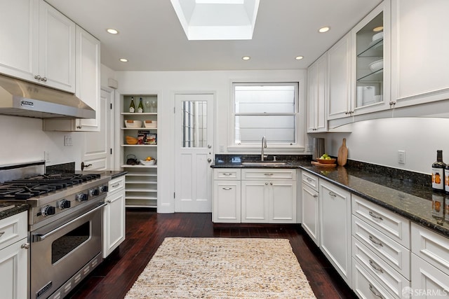 kitchen featuring stainless steel range, a sink, dark wood finished floors, and under cabinet range hood