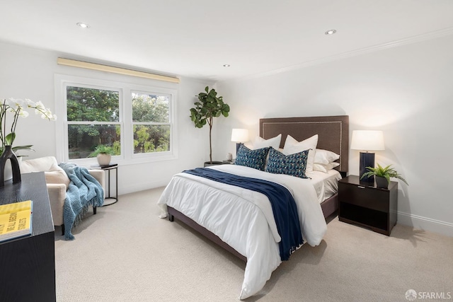 bedroom with recessed lighting, carpet flooring, and baseboards