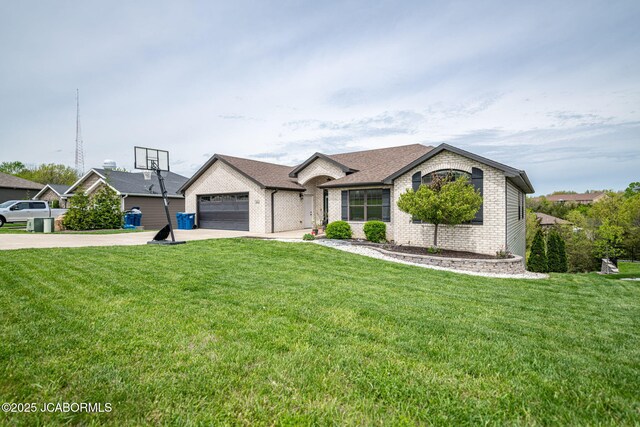 ranch-style house featuring brick siding, a front lawn, and driveway