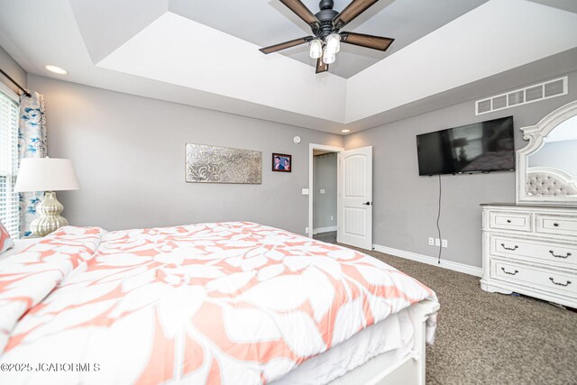 bedroom with baseboards, visible vents, recessed lighting, a ceiling fan, and carpet floors
