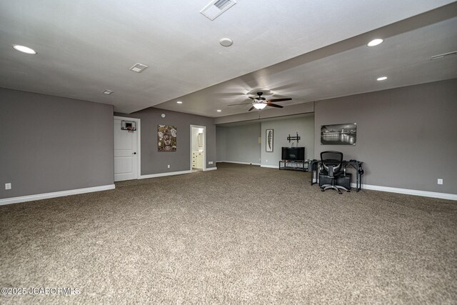 unfurnished living room with ceiling fan, baseboards, carpet flooring, visible vents, and recessed lighting