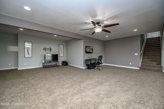 carpeted living room featuring stairway, ceiling fan, baseboards, and recessed lighting