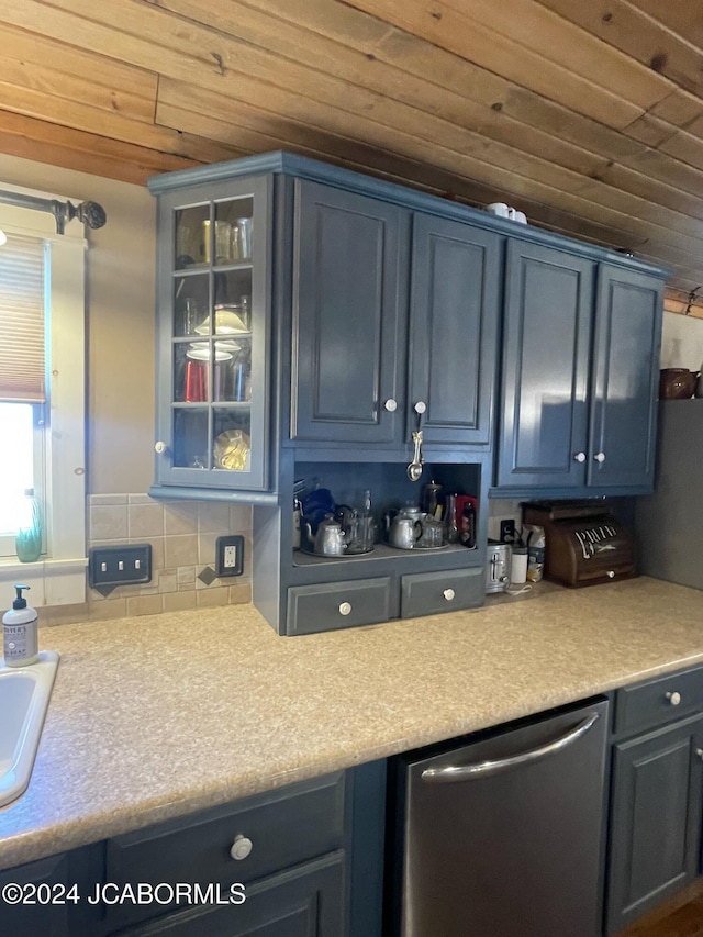 kitchen featuring sink, dishwasher, wooden ceiling, tasteful backsplash, and blue cabinets