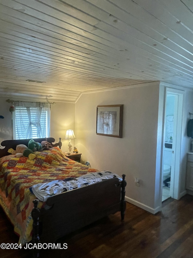 bedroom featuring ensuite bathroom, ornamental molding, wooden ceiling, and wood-type flooring