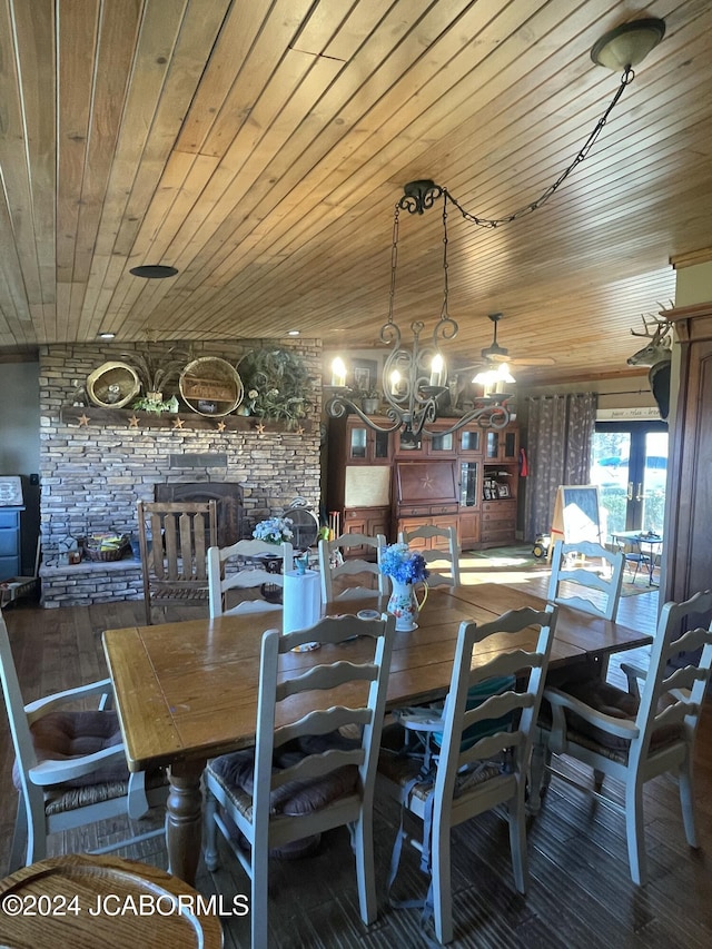 dining room with wood ceiling, dark wood-type flooring, and a wood stove