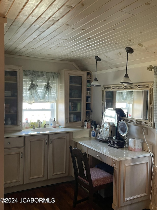 bar featuring sink, dark wood-type flooring, hanging light fixtures, wooden ceiling, and vaulted ceiling