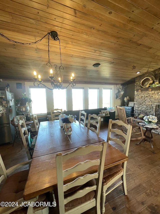 dining space featuring wood ceiling and wood-type flooring