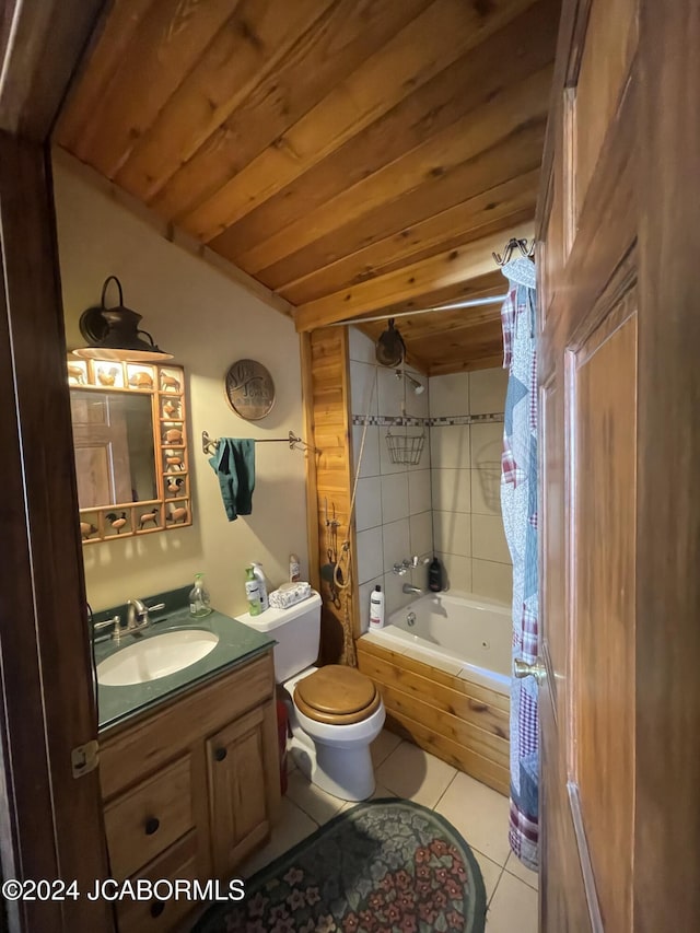 full bathroom featuring vanity, wooden ceiling, tile patterned floors, toilet, and shower / bathtub combination with curtain